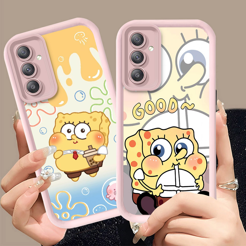 Q-7 SpongeBob ขาวดำเคสโทรศัพท์หรับ Samsung A54 A56 A36 A37 A55 A35 A16 5G ปกสีชมพู