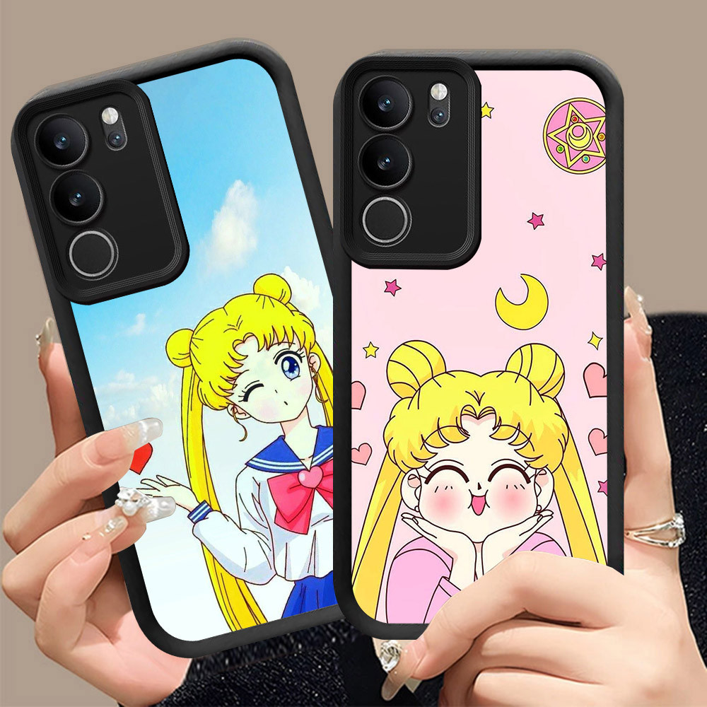 Q-4 Sailor Moon ขาวดำเคสโทรศัพท์หรับ VIVO Y200 T4X Y19S Y21d Y300t Y29 Pro ปกสีชมพู