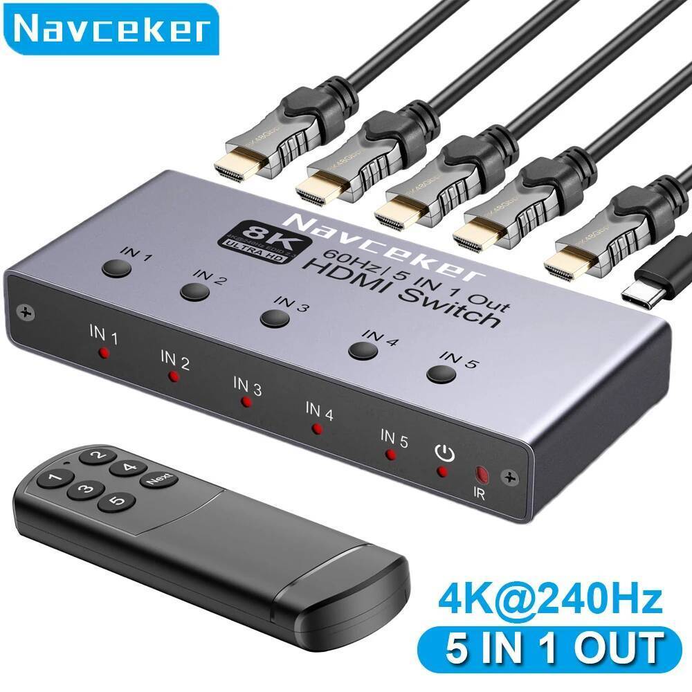 Navceker 8K HDMI 2.1 Switch Splitter 4K 240Hz 5 พอร์ต HDMI 2.1 Switcher พร้อมรีโมท 5 In 1 Out สําหรั