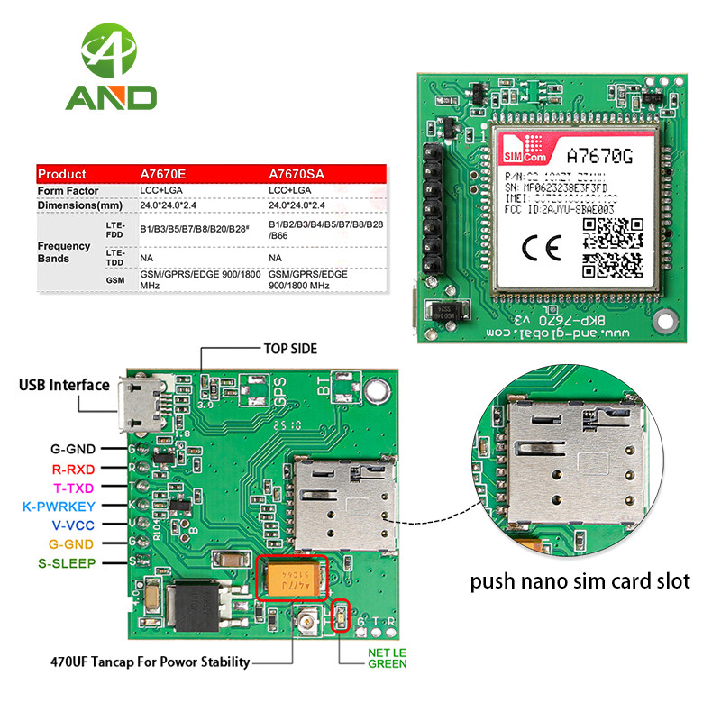 ใหม่ 1 ชิ้นใหม่ Push Nano SIM 4G CAT1 A7670G Breakout Development Kits สําหรับ Global Bands