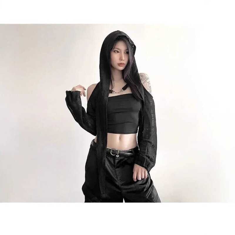 ▥ Handmade สั้น Break Hole ไหล่ Biker Jacket ผู้หญิงฤดูร้อน Slim Fit Casual Hoodie สไตล์เส้นใยโ