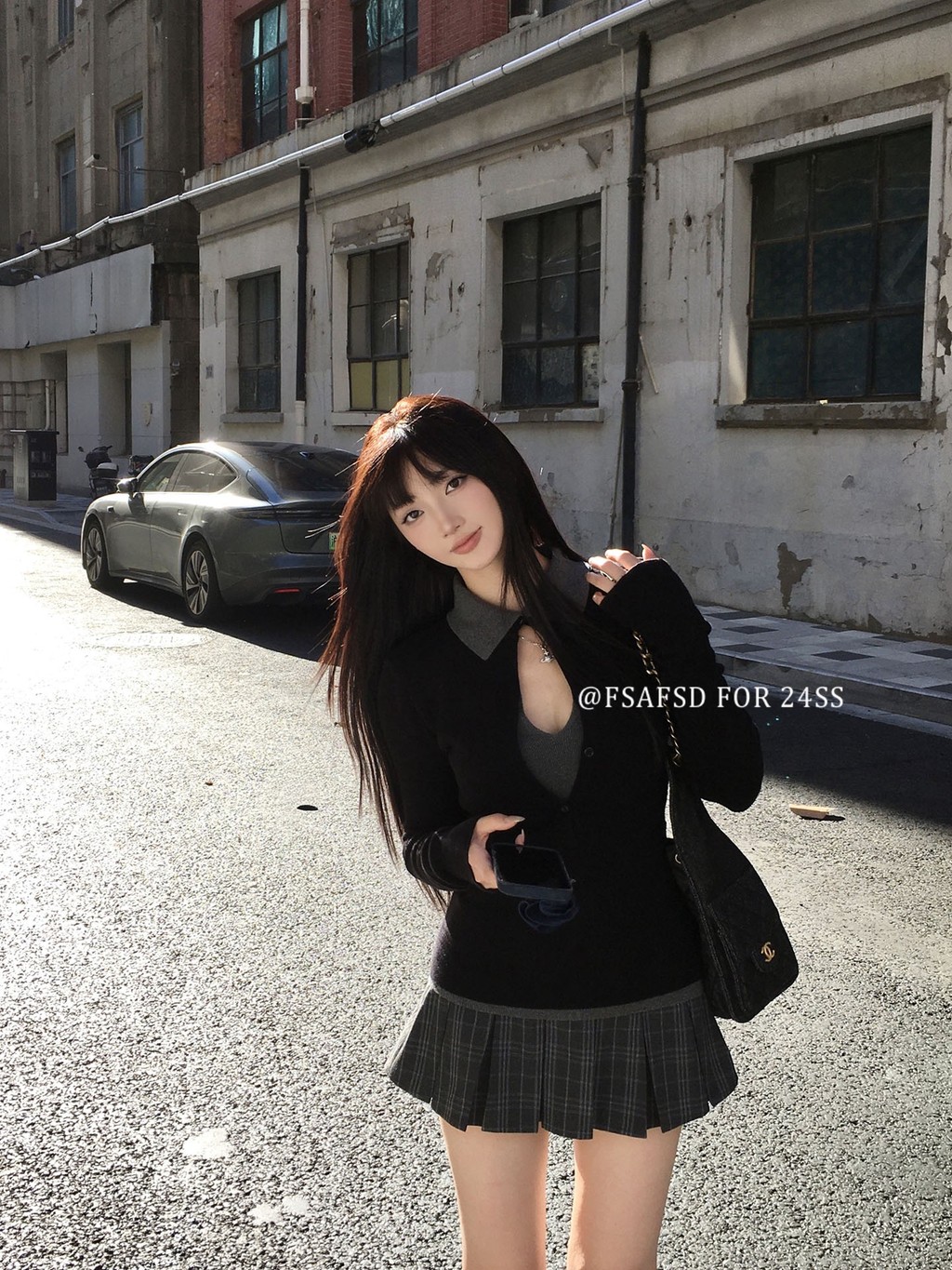 FSAFSD ชุดอเมริกันปลอมสองชิ้นสีดำสีเทาแขนยาว กระโปรงสั้น สำหรับผู้หญิง