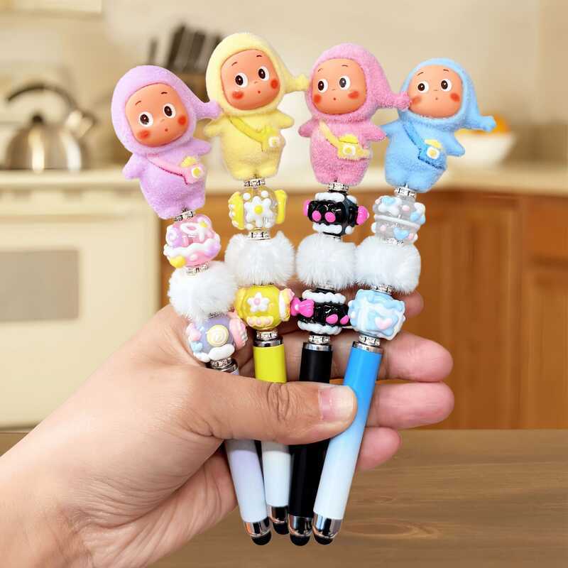 Flocking ตุ๊กตาตุ๊กตา Stylus การ์ตูนลูกปัด Hairball ปากกานักเรียนเขียน Capacitive ปากกาการ์ตูน Stylu