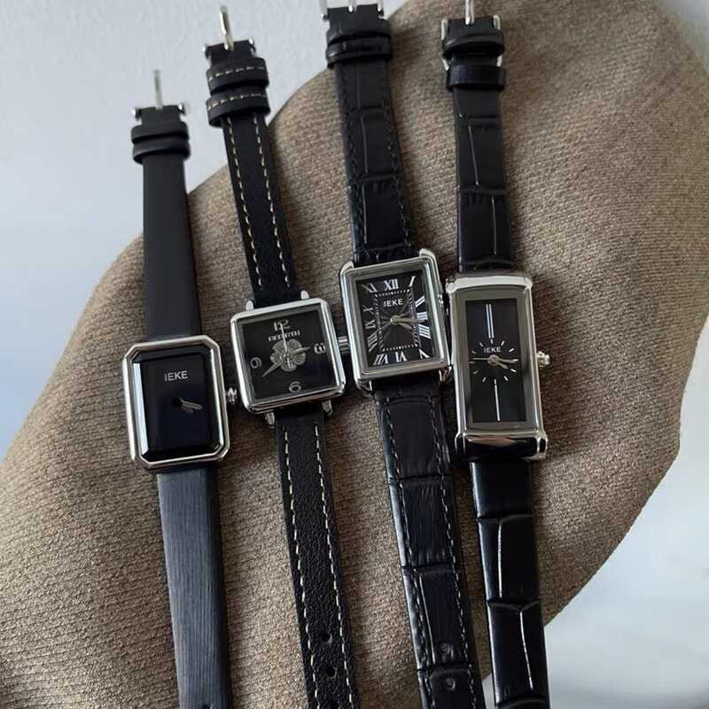 IEKE Camellia Black Gold Small Cube Sugar Belt Watch Womens Niche High-End Commuter Quartz Watch