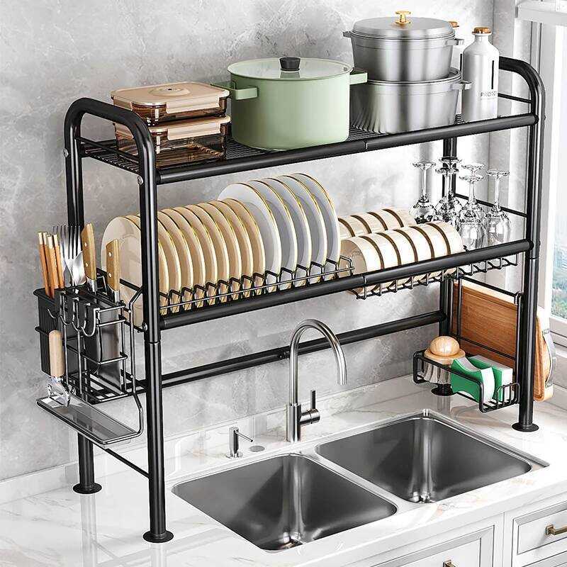 C 2 Tier Over Sink Dish Drying Rack, Large Metal Kitc Dish Rack With Utensil Holder, Space Saving D
