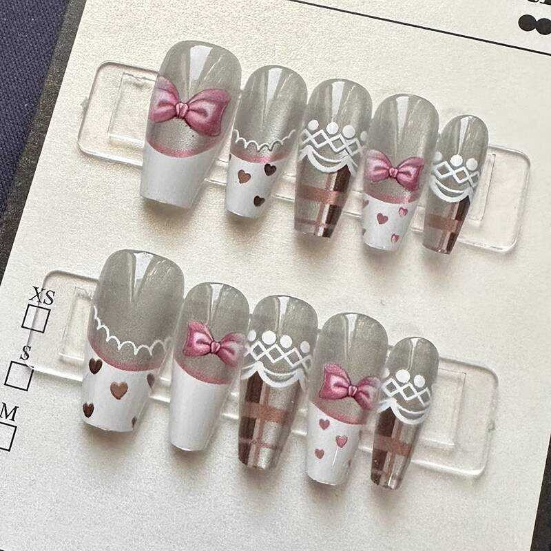 โบว์หัวใจรัก 6189#手工穿戴甲半手工纯手工美甲假指甲贴片猫眼