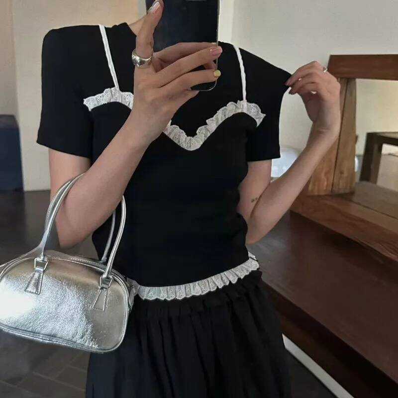 ▥  2025 ฤดูร้อนใหม่ลูกไม้patchwork Camisoleเสื้อยืดo-คอปลอม 2 ชิ้นเสื้อผู้หญิงy2k Slim Fi