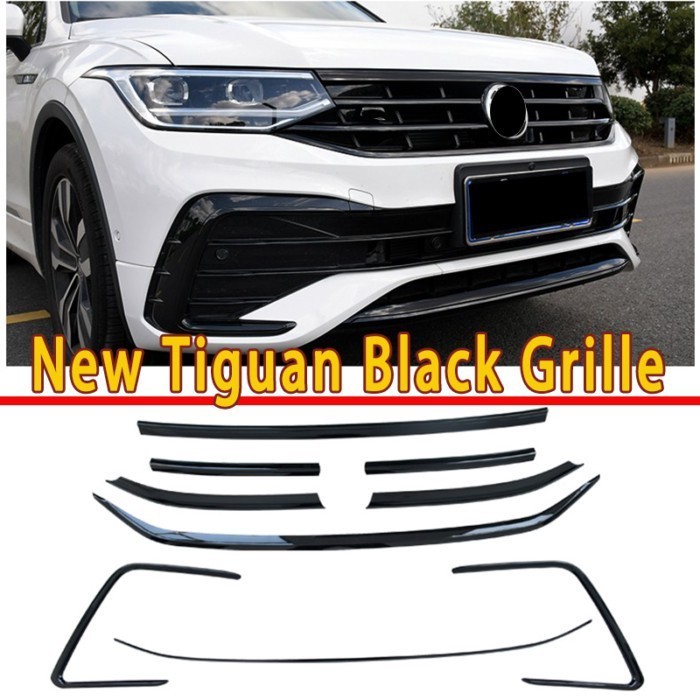 Car styling For Tiguan MK2 Glossy black Grille R 2020 2021 2022 Front Bright Black Grille Sports Bl
