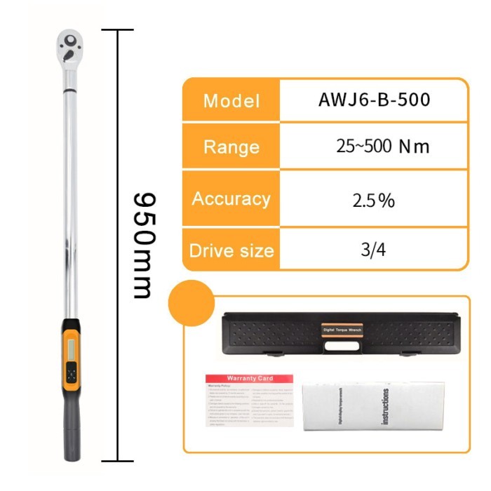 ALIYIQI AW6J-B-500N.M 3/4''Driver Preset Big Screen Digital Torque Wrench With Buzzer 2% Accuracy