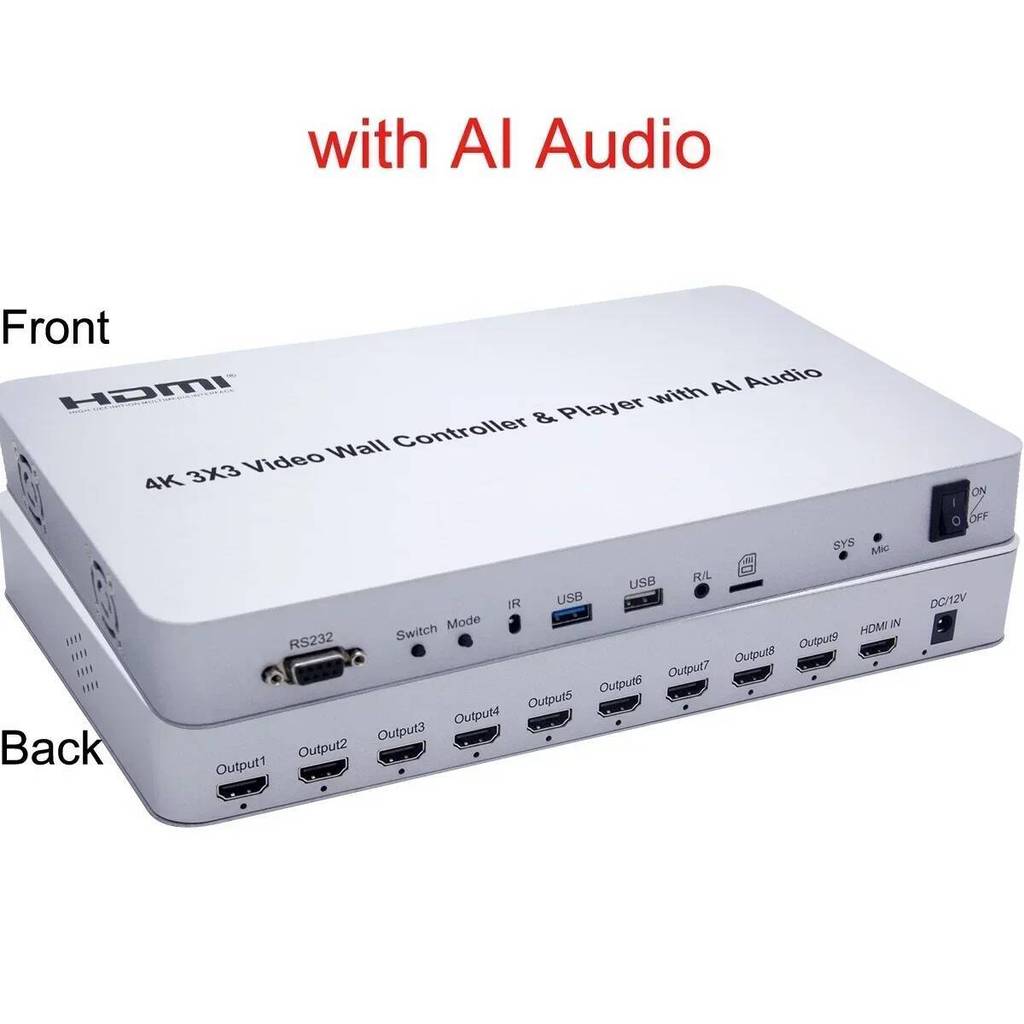 4K 3x3 อัจฉริยะ Voice Video Wall Controller เครื่องเล่น USB พร้อม AI Audio 2x3 1x4 Multi Screen Stit