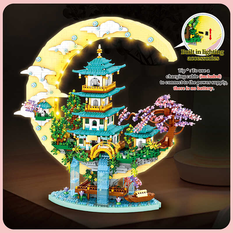 alace Building Blocks With Lights Toad Palace Flower Waterfall House Assembly Bricks Kids Toys Girl