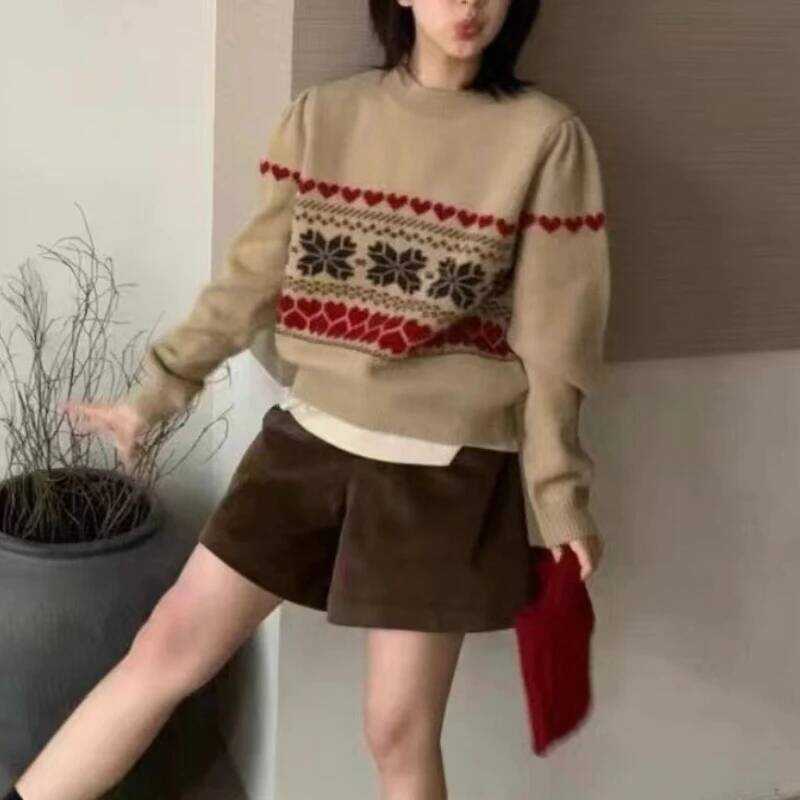 ▥ ฤดูใบไม้ร่วงฤดูหนาวvintageพิมพ์ถักเสื้อกันหนาวผู้หญิงหลวม 2025 ใหม่แขนยาวo-คอเกาหลีpul