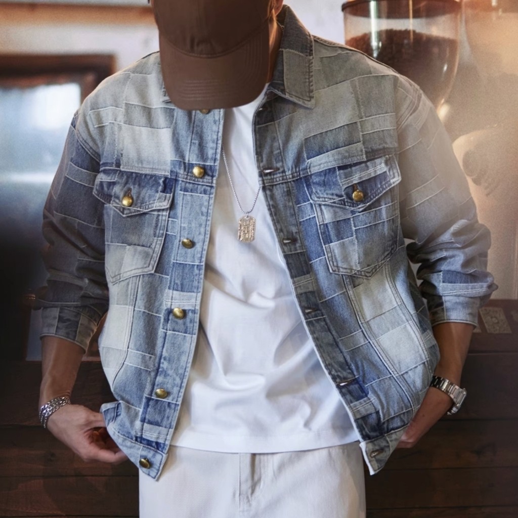 Wuluwear [American Checkerboard] Retro Washed Denim Jacket Men 2025 ฤดูใบไม้ร่วงสไตล์ใหม่Lapel Casual Work Jacket