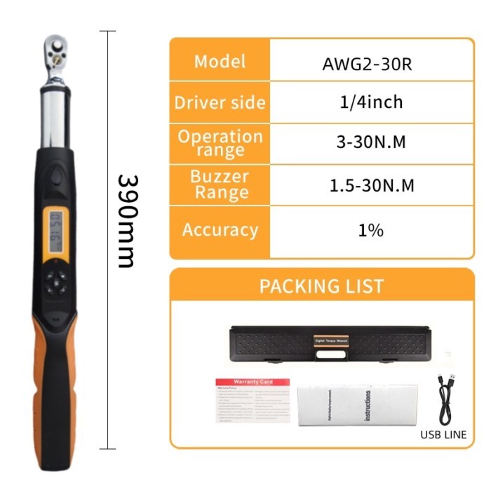30N.m 1/4 Digital Torque Wrench AWG2-030R Bidirectional Ratchet Head 36 Teeth Connect With Computer