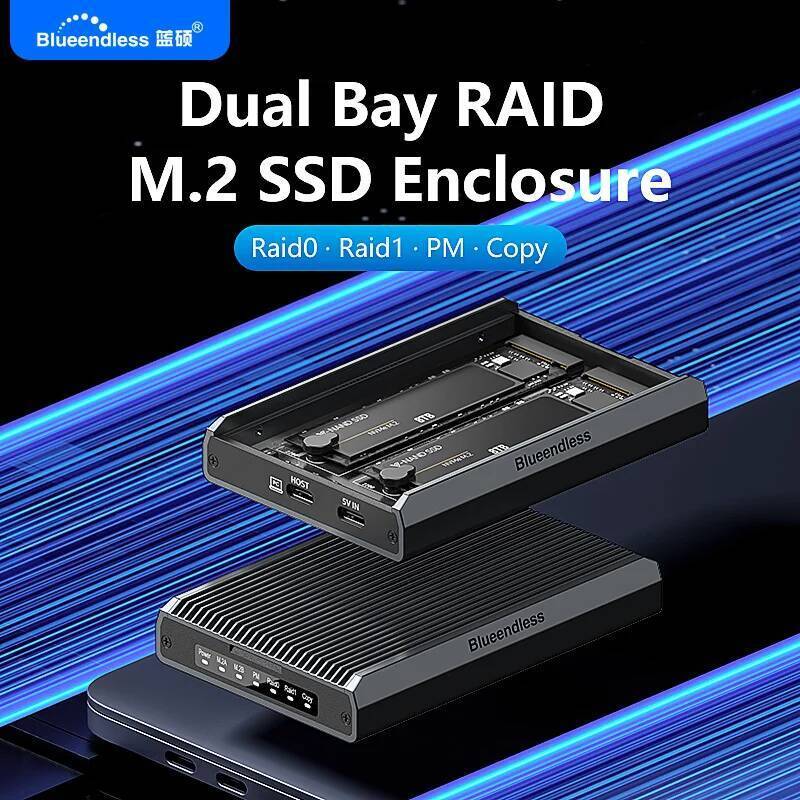 ใหม่ Blueendless 2 Bay RAID M.2 SATA M.2 NVME SSD Enclosure อลูมิเนียม Dual Bay NVMe RAID SSD กรณีสน