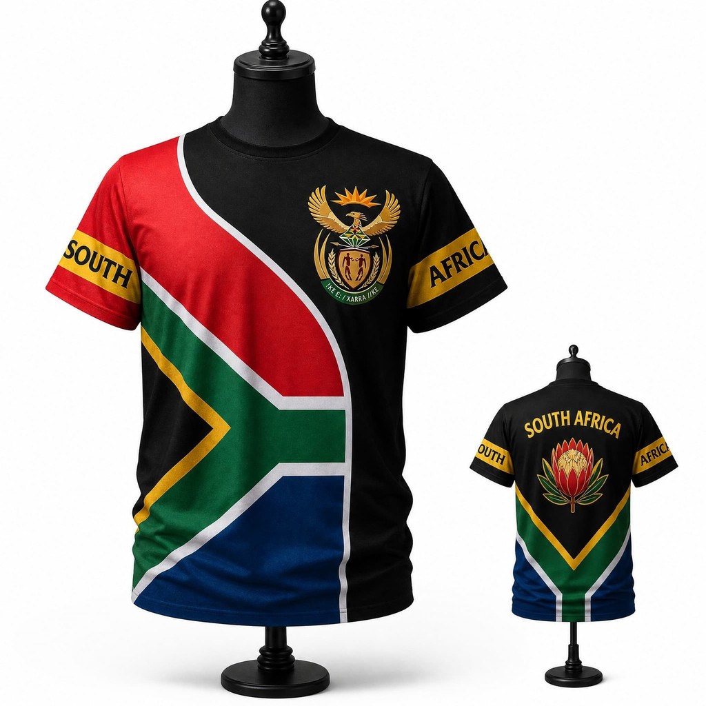 South Africa of Arms Rugby เสื้อยืดผู้ชาย 3D พิมพ์แขนสั้น Tee South รักบี้แฟนสบายๆกีฬา Supporter Jer