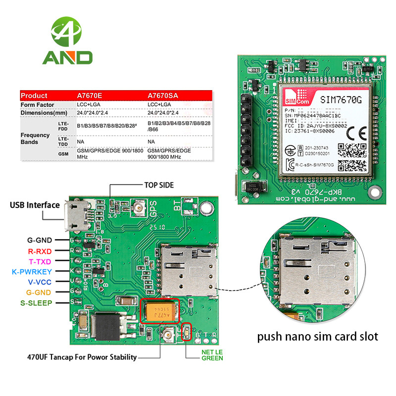 และ 1 ชิ้นใหม่ Push Nano SIM Slot SIM7670G Development LTE Cat1 Qualcomm SIM7670G Breakout Kit Globa