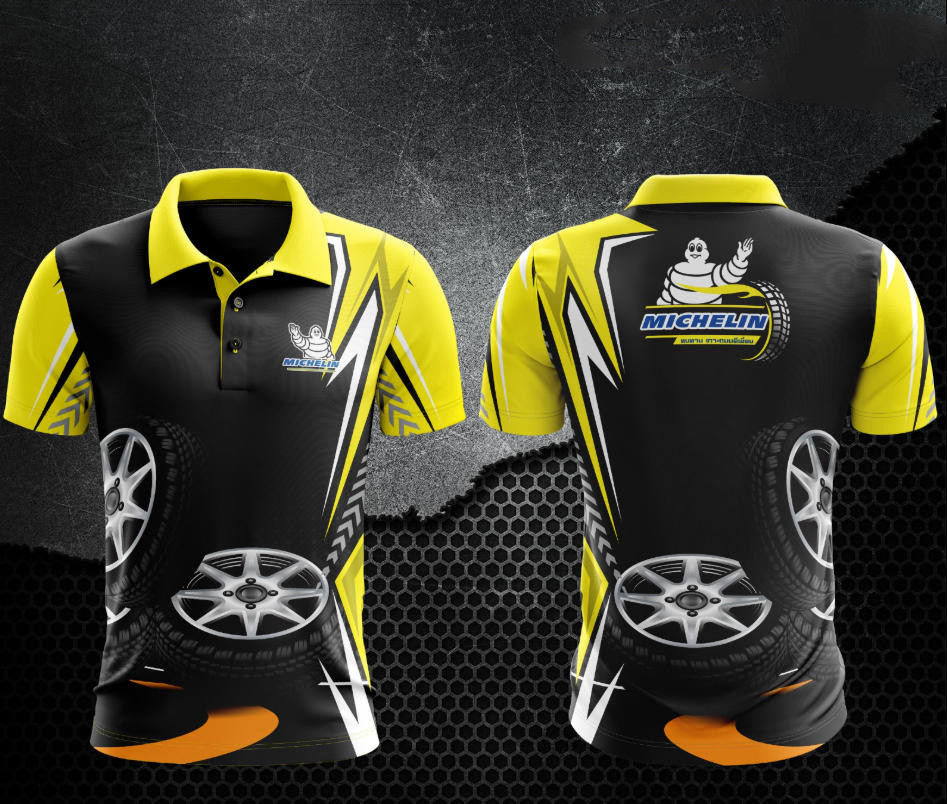 (เสื้อโปโลสปอร์ต) MICHELIN สบายๆ | มีครบทุกขนาดผู้ใหญ่และเด็ก | ปรับแต่งข้อความฟรี | ลายยางรถสีดำ-เหลือง 2 ด้าน