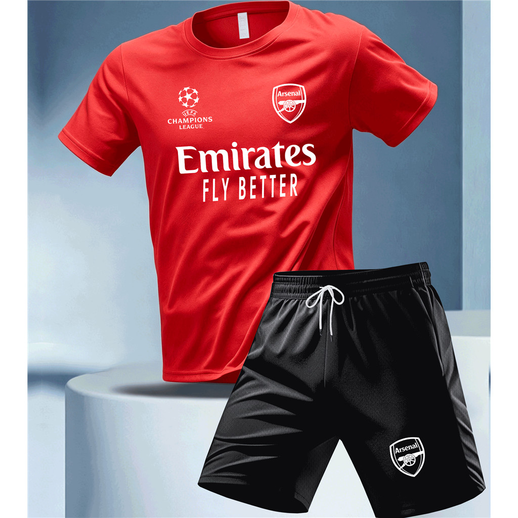 Arsenal Champion Breathable กีฬาเสื้อยืดและกางเกงขาสั้นฟิตเนส Dry Fit Tshirts สําหรับชายผ้าไหมน้ําแข