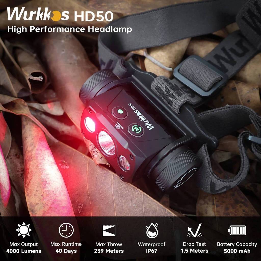 Wurkkos HD50 ไฟหน้า LED 4000LM ชาร์จได้ IP67 กันน้ำ ใช้งานแบตเตอรี่ 21700 สำหรับตกปลามาพร้อมไฟสีแดง 
