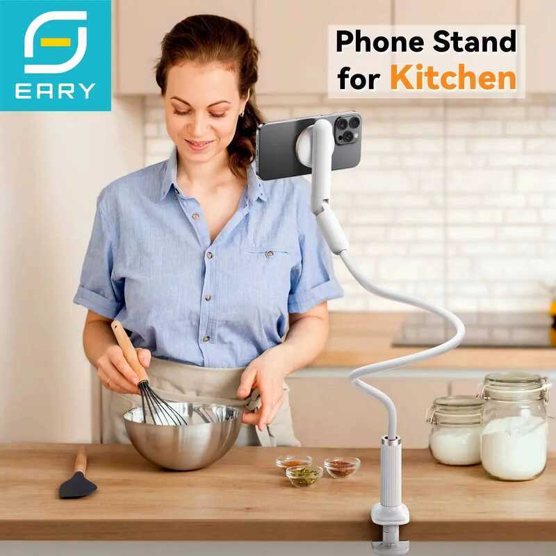 Eary Gooseneck ที่วางโทรศัพท์เตียงห้องครัวแม่เหล็ก Kickstand ปรับแขนยาวยืดหยุ่น Lazy Bracket สําหรับ