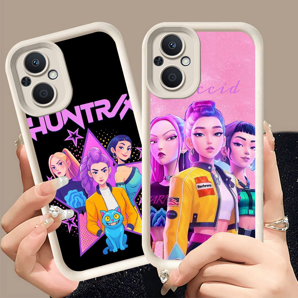 Q-9 Kpop Demon Hunter ขาวดำเคสโทรศัพท์หรับ OPPO Reno A96 8 8Z A76 7 A36 7Z Lite Pro 5G ปกสีชมพู