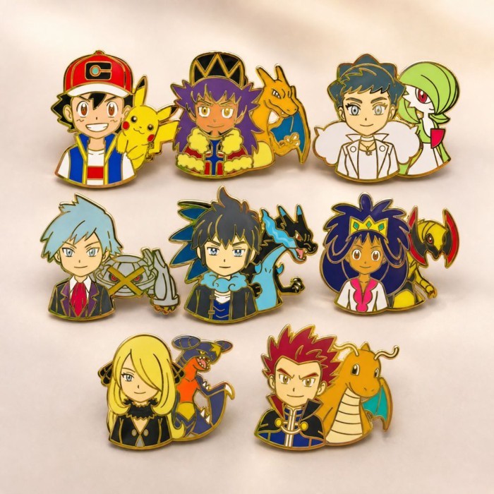 Pokemon Top Trainer & Pokemon Enamel Pin Ash Leon Cynthia การ์ตูน Lapel เข็มกลัดกระเป๋าเป้สะพายหลังต