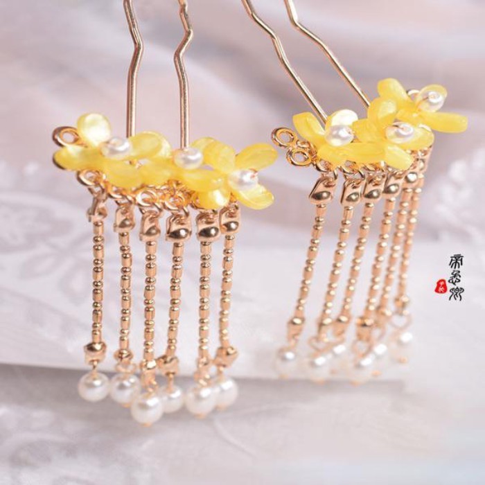 Di Muqing Osmanthus Hairpin Hairpin Hanfu Headdress อุปกรณ์เสริม Simple Niche u Hairpin ไข่มุกพู่ยาว