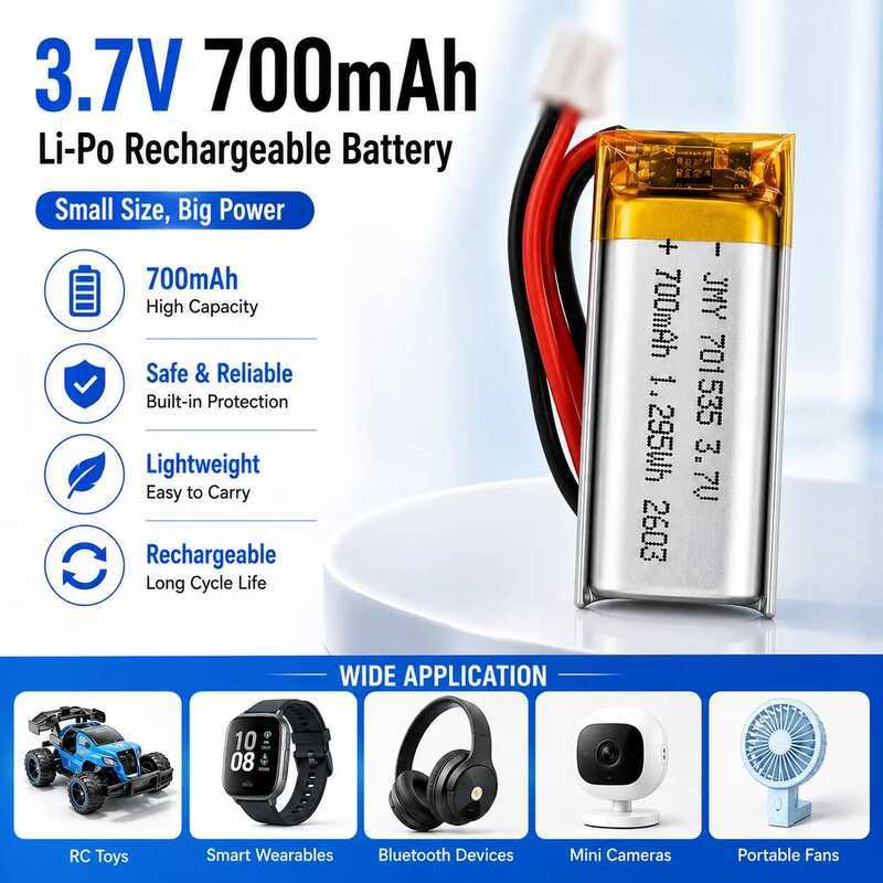 แบตเตอรี่ LiPo 3.7V 350mAh รุ่น 701535 แบตเตอรี่ลิเธียมโพลิเมอร์แบบชาร์จได้พร้อมปลั๊ก PH2.0 สำหรับหู