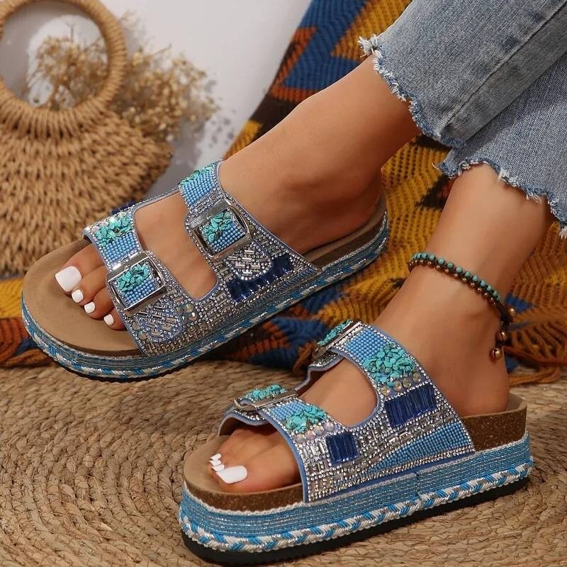 Metal Buckle Soft Sole Flip-Flops Women's Outer Summer New Fashion And Versatile Rhinestone Wedge No