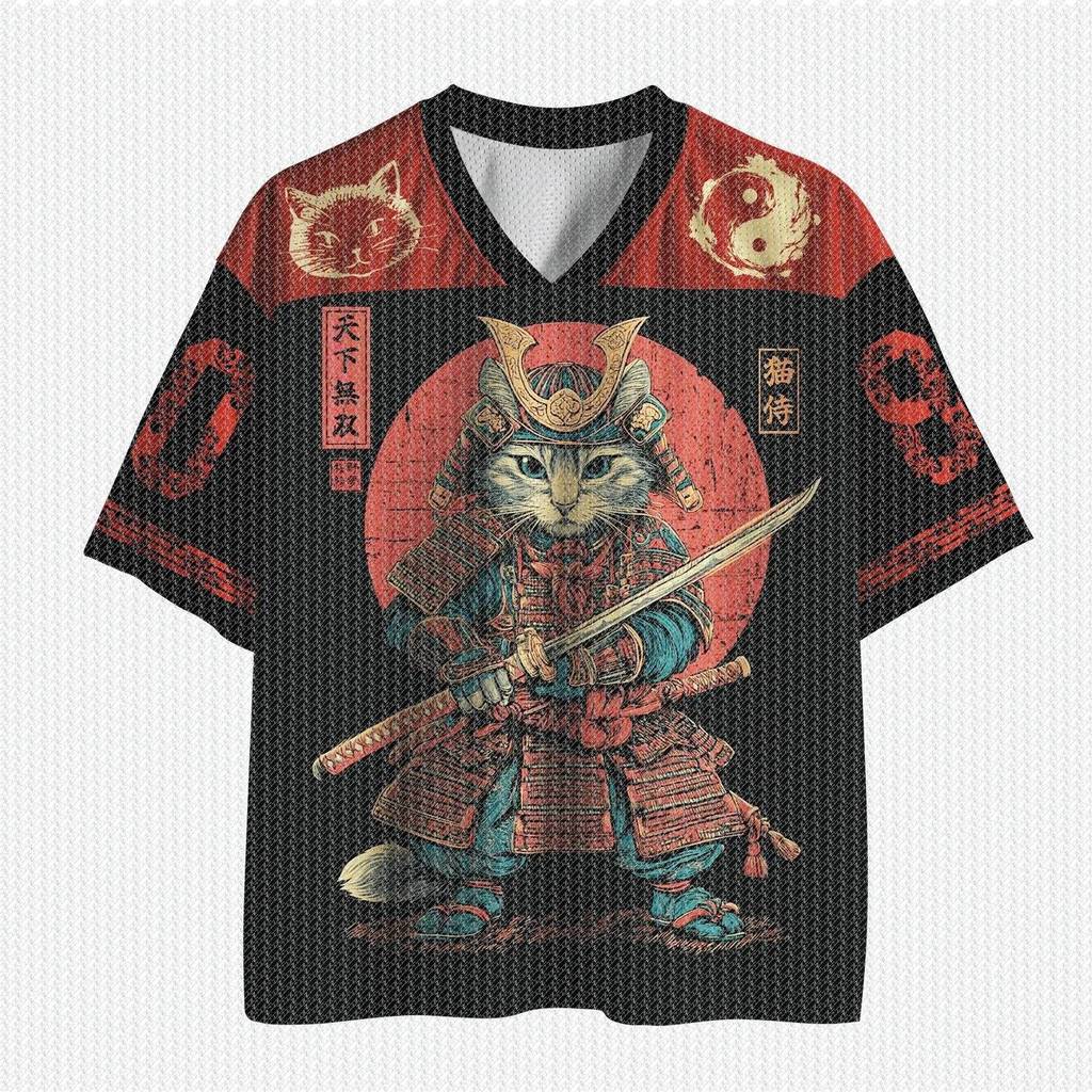 V คอสีแดงสีดําบล็อกตาข่าย Jersey T เสื้อ Samurai Cat Yin Yang ญี่ปุ่นพิมพ์ Retro Oriental Streetwear