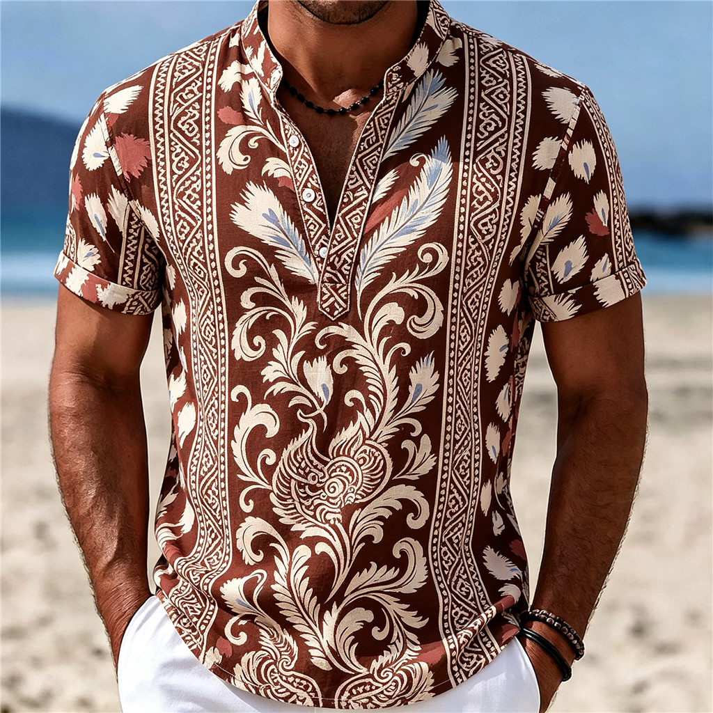 ผู้ขายที่ดีที่สุด Vintage Graphic Print Short Sleeve Barong Shirt Stylish Stand Collar Casual Going-