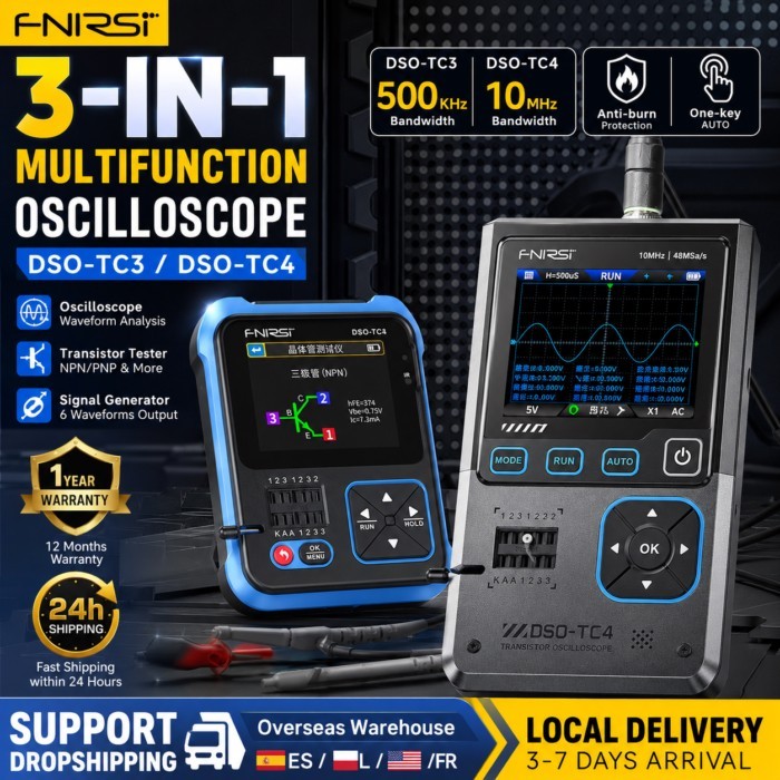 FNIRSI 3 in 1 Oscilloscope Transistor Tester DSO-TC3 TC4 Signal Generator 400V Max Voltage Portable