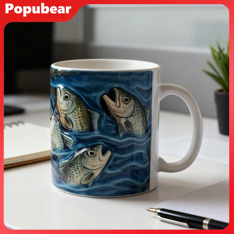 amic Trout Design Coffee Mug with Blue Wave Pattern 11/15oz Fish Art Drinkware Gifts for Men Fisher