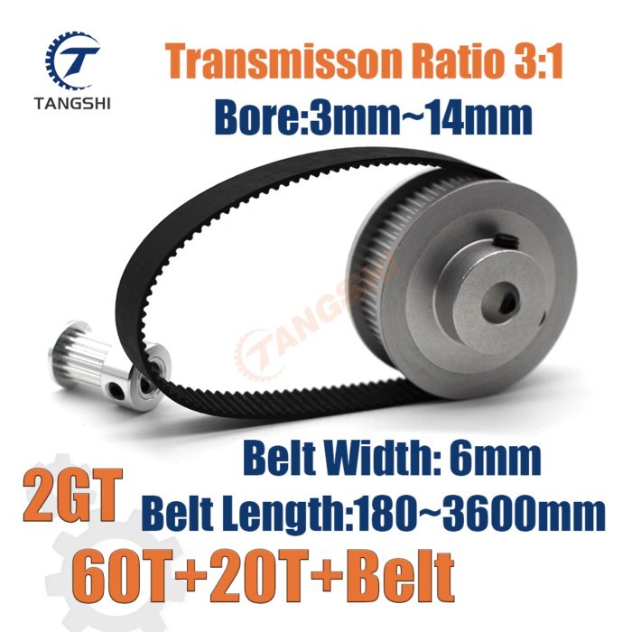 GT2 Timing Pulley Kit 60 Teeth 20 Teeth 1:3 Reduction Ratio Width 6mm Tensioning Wheel Synchronous