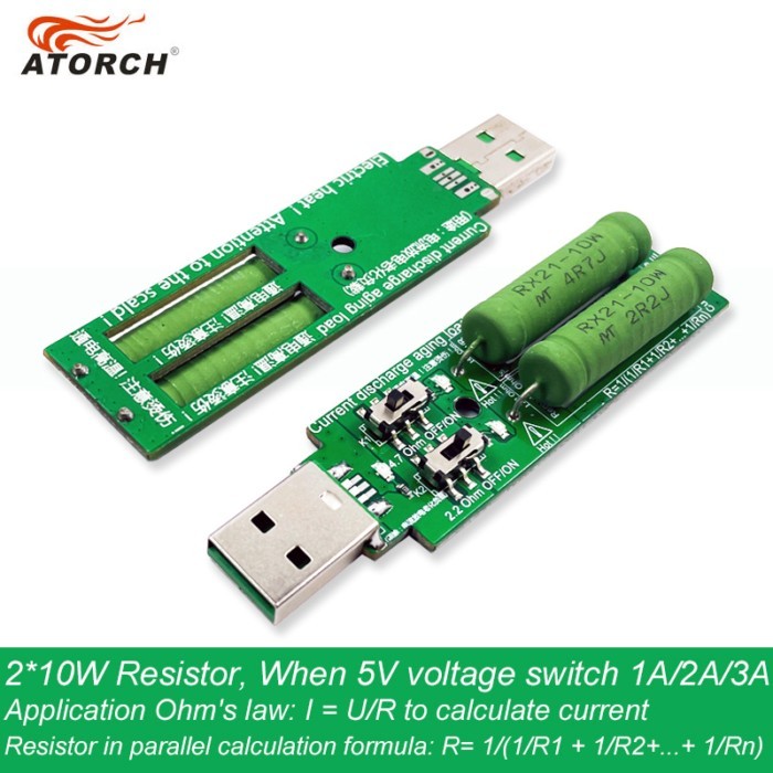 USB Resistor DC Electronic Load 2 Switch Adjustable Current 5V 1A/2A/3A Battery Capacity Voltage Di