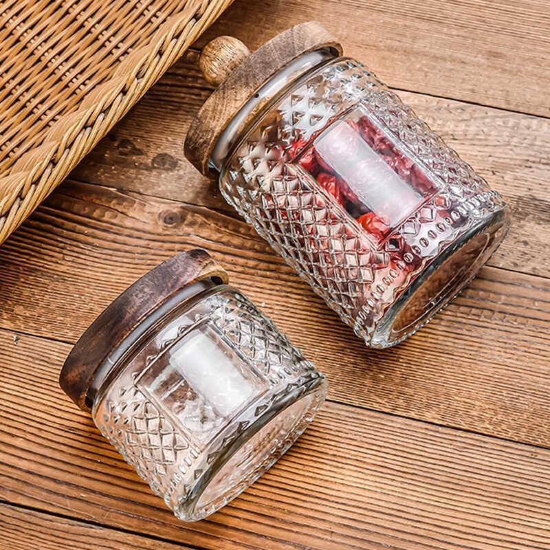 Sealed Jar Wooden Lid Jar Kitchen Dried Fruit Miscellaneous Grains Storage Jar Transparent Storage
