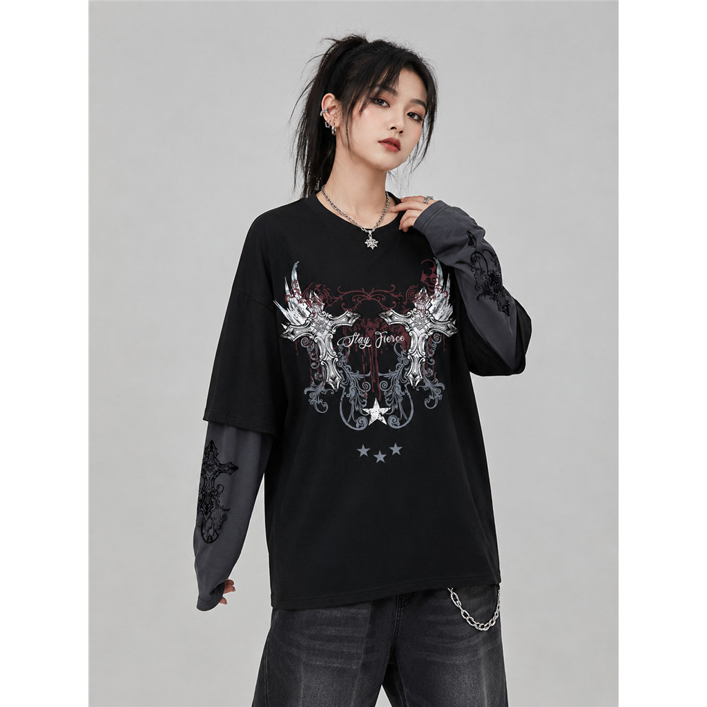 ROMWE MEN Goth 2-in-1 Cross-Print T-Shirt – เหมาะสําหรับวันฮาโลวีนและโรงเรียน