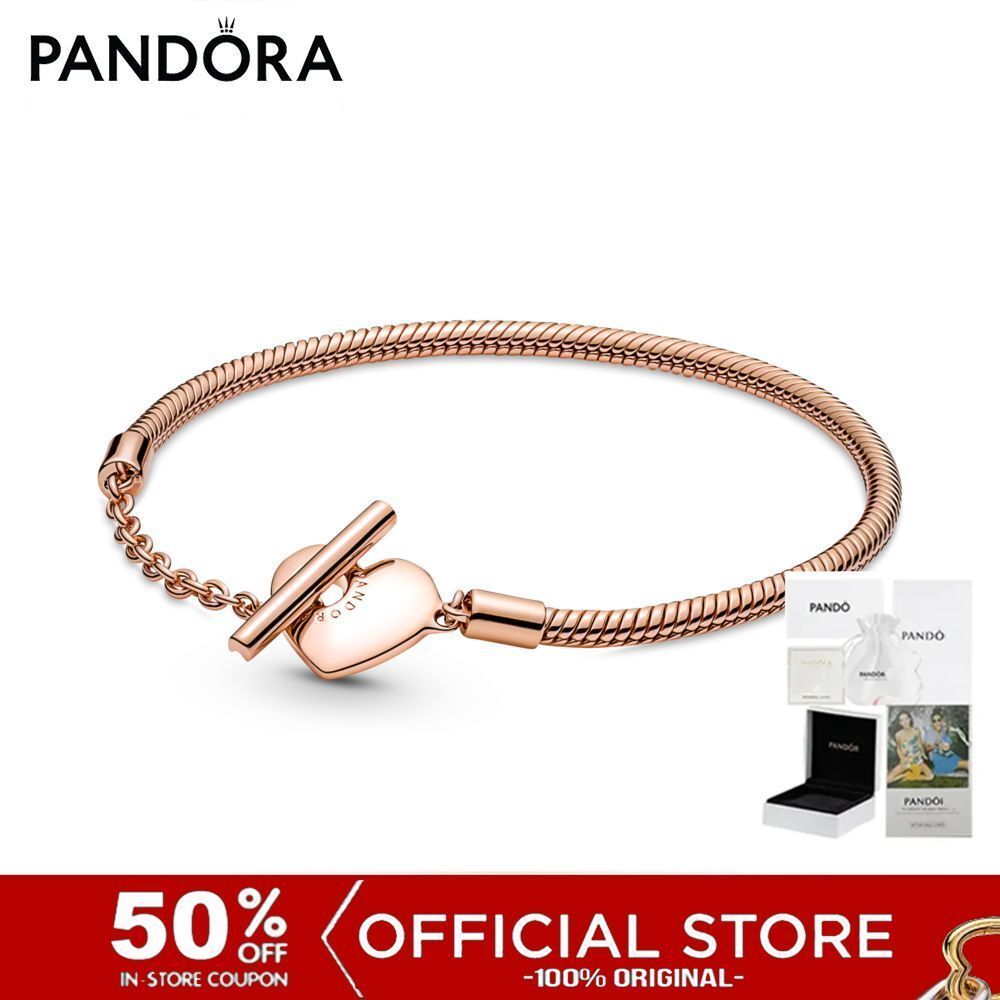 (ของแท้100%) Pandora Snake Chain 14k Rose Gold-plated T-bar Heart Bracelet เครื่องประดับ สร้อยข้อมือ สีโรส โรส