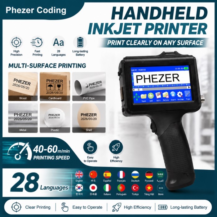Phezer P19 12.7mm Handheld Inkjet Printer Portable Inkjet Label Maker Machine QR Code Barcode Expir