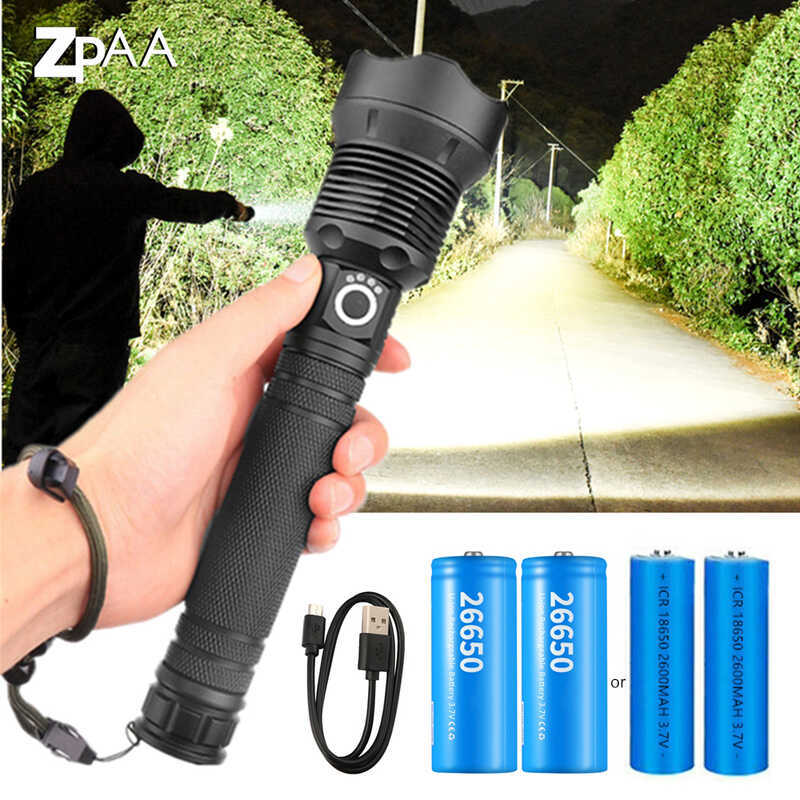 USB ที่มีประสิทธิภาพ xhp70.2 ไฟฉาย Super Bright ชาร์จซูม LED ยุทธวิธีไฟฉาย xhp70 18650 หรือ 26650 แบ