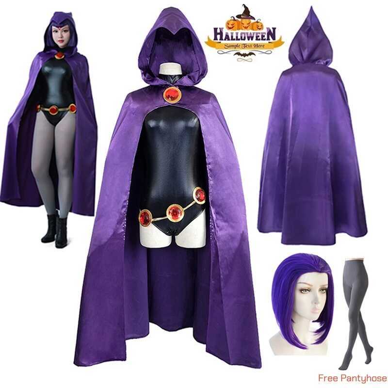 W Women's Teentitans-Raven Cosplay Costume Jumpsuit Purple Cloak With Belt Halloween Costume Unifor