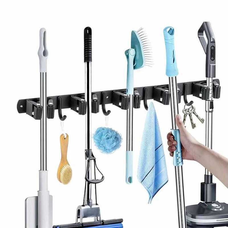 C Stainless Steel Mop And Broom Holder Wall Mounted Multi-Functional Bathroom Kitchen Storage Rack