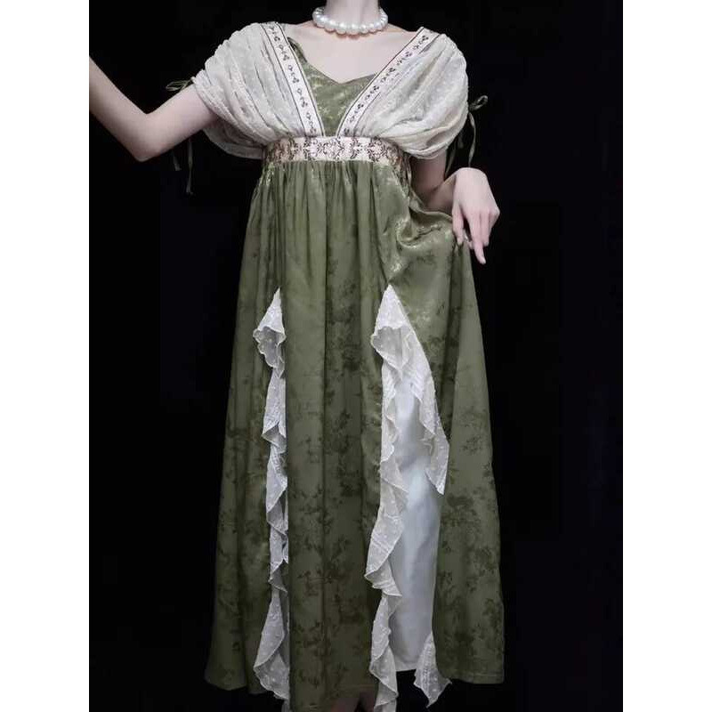 2024 New Lolita Retro Jacquard Elegant Dress Y2k Vintage Cosplay Green Daily Temperament Gorgeous Qu