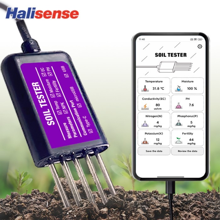 Smart Soil Sensor 8-in-1 NPK EC Moisture Temp PH NPK Meter with APP Data Logger USB Rechargeable So