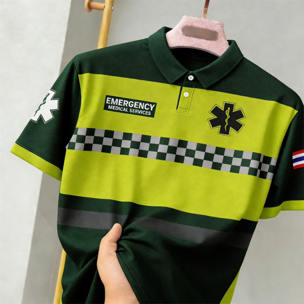 Ems 1669 เสื้อ เสื้อพื้นเมือง เสื้อโปโลบริการทางการแพทย์ฉุกเฉิน ems แขนธงชาติไทย ระบายอากาศ และทนทาน