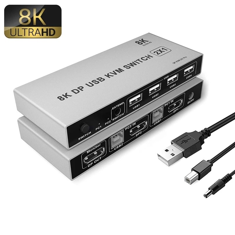 8K Displayport KVM Switch 2x1 8K 60Hz DP USB KVM Switch 2 in 1 out Displayport 1.4 Switch KVM DP USB