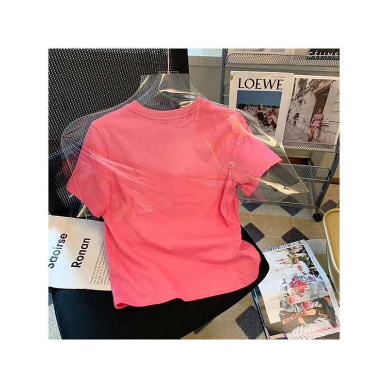 ▥ 2000S Retroสีทึบผู้หญิงbaggy Tee O-คอสั้นแขนเสื้อvintageพิมพ์หญิงเสื้อยืดy2kสบายๆเสื้อผ้าbf O