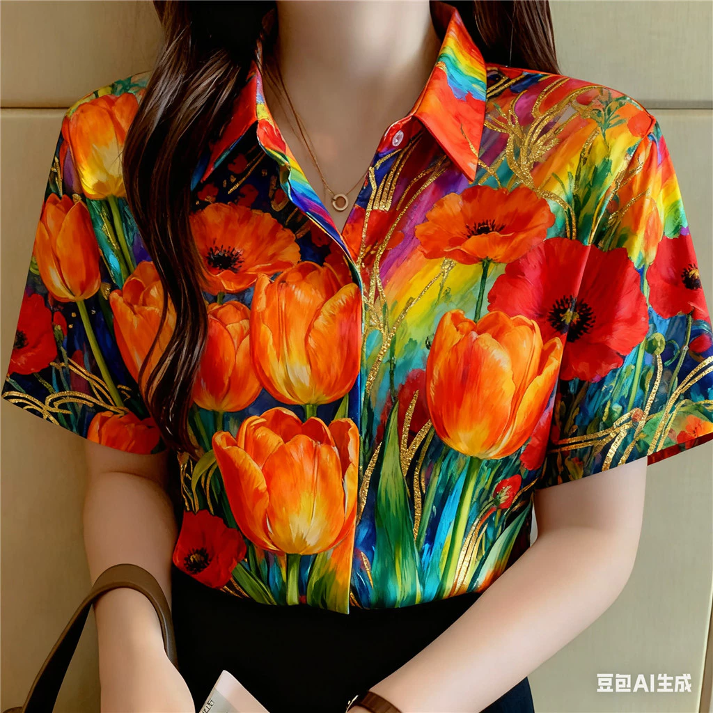 เสื้อผู้หญิง เสื้อท็อปแขนสั้นลายดอกไม้ สไตล์ฮาวาย ไซส์ใหญ่ thumbnail 4