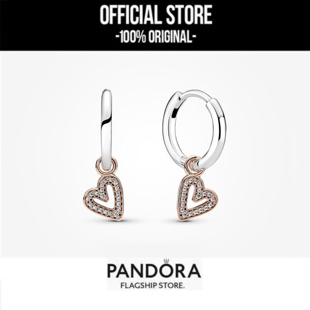 【💯สินค้าแท้💎】Pandora 14K Rose Gold Plated Sparkling Freehand Heart Hoop Earrings With Gift Box Packaging ✨